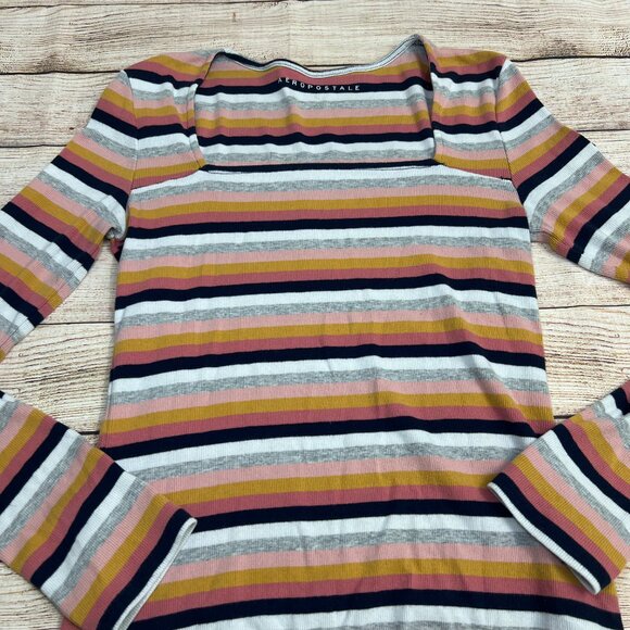 Aeropostale Multi-Color Striped Ribbed Long Sleeve Top Boatneck Large - Picture 11 of 11